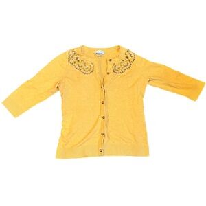 Christopher & Banks Mustard Yellow Beaded Cotton Cardigan Size M 3/4 Sleeve